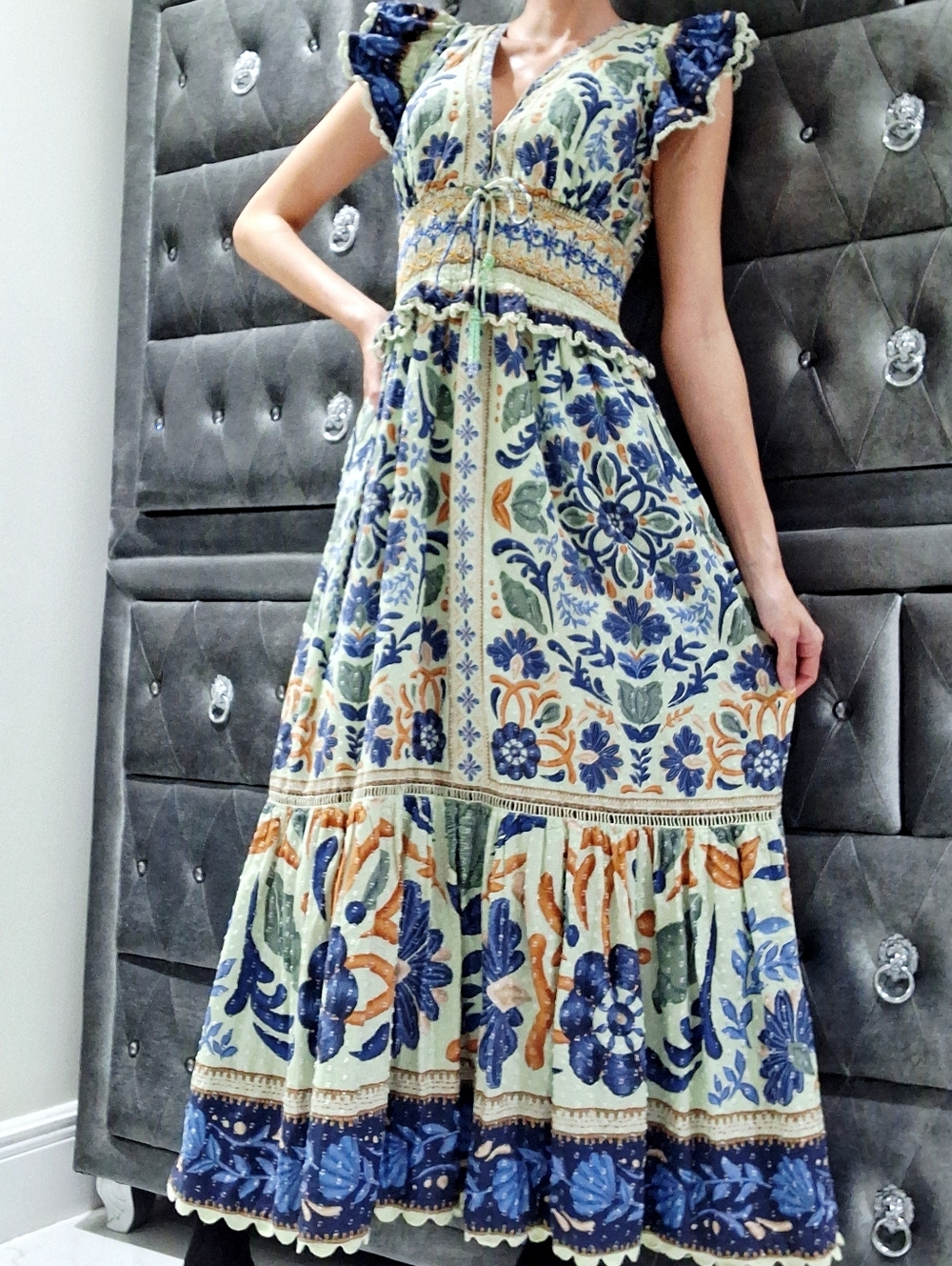 Farm Rio Ocean Tapestry cotton maxi dress XS Floral Bohemian Embroidered Ruffles - Picture 6 of 17